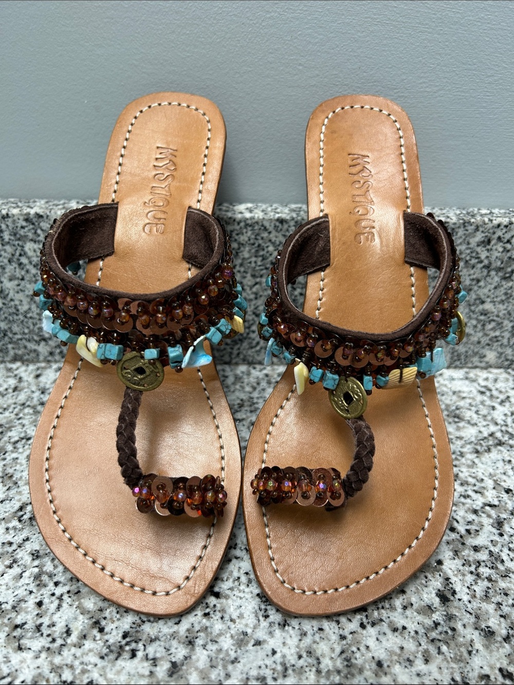 Mystique Leather Beaded Thong Sandals Turquoise Stones Shells Embellishments
